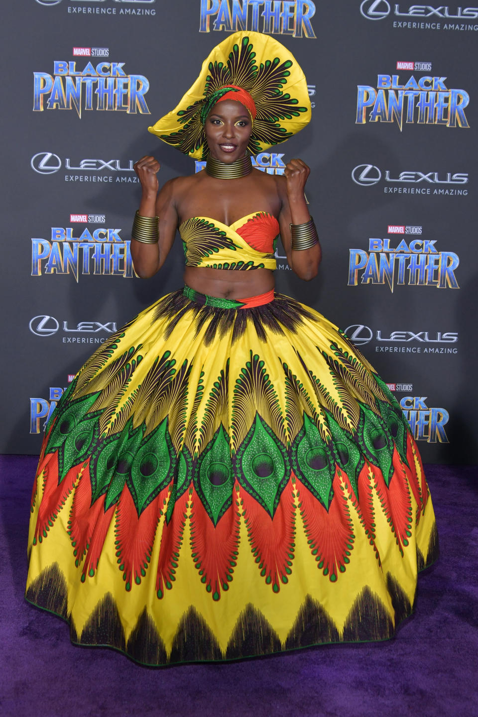 <p>Danai Gurira’s stuntwoman ensures all eyes were on her in an incredible, full skirt paired with a bandeau and matching hat. <em>[Photo: Getty]</em> </p>