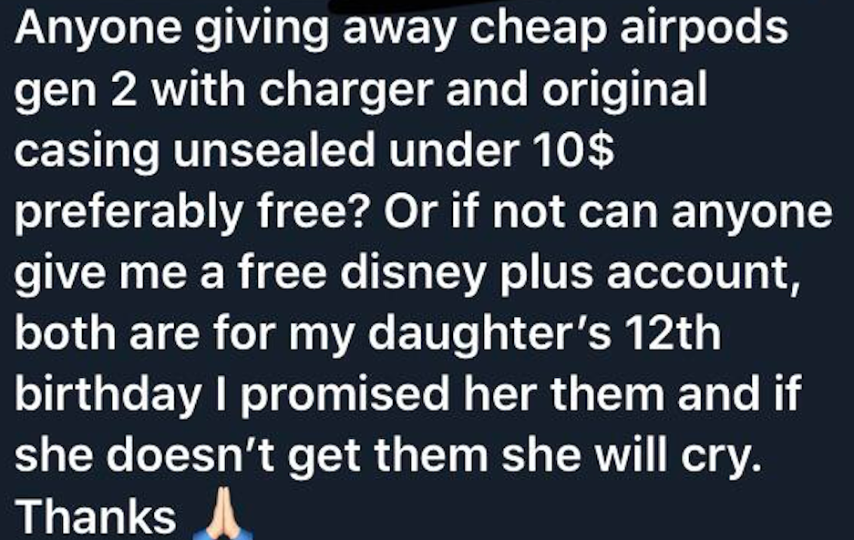 person asking for new airpods for under $10