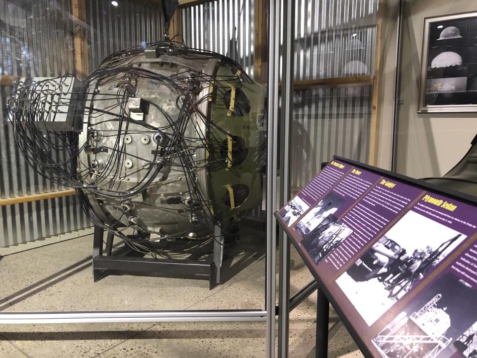 A mockup of the "Gadget" that was detonated during the Trinity Test in 1945, marking the world's first atomic explosion, is on display Wednesday, July 15, 2020, at the National Museum of Nuclear Science and History in Albuquerque, N.M. Thursday marked the 75th anniversary of the Trinity Test. (AP Photo/Susan Montoya Bryan)