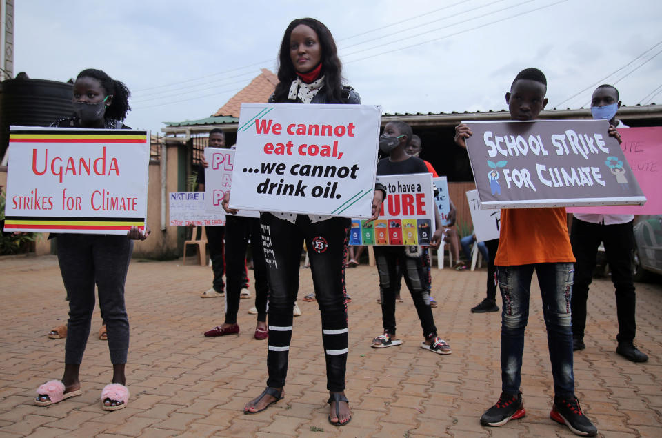 Nakate and other activists protest in Kampala, Uganda on Sept. 25, 2020.<span class="copyright">Abubaker Lubowa—Reuters</span>