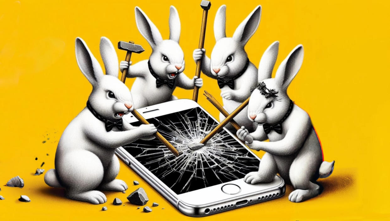  Rabbits attack an iPhone on a yellow background. 