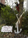 Pirate-themed Halloween decorations are seen at the home of Carol McCarthy, reminding people to be safe while trick-or-treating during the COVID-19 pandemic, Monday, Oct. 26, 2020, in Palmyra, N.J. (AP Photo/Michael Perez)