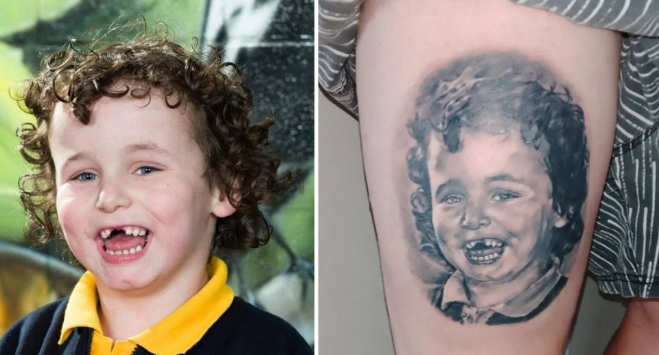 Left, an image of Sage Pearson who drowned in a backyard pool smiling a toothy grin while getting his picture taken. Right, the same image is tattooed on his dad's right thigh. 