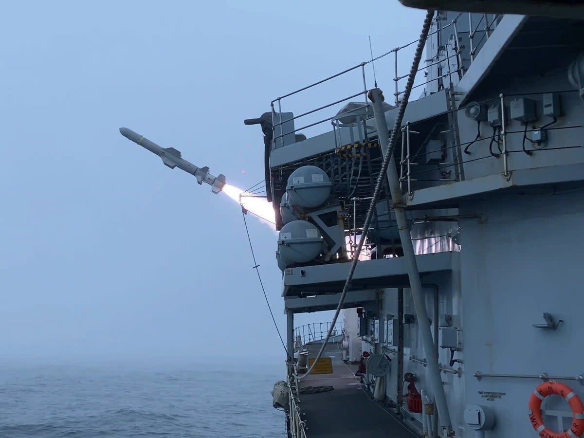 HMS Westminster firing Harpoon missiles at ex-USS Boone (MoD/Crown Copyright/PA) (PA Media)