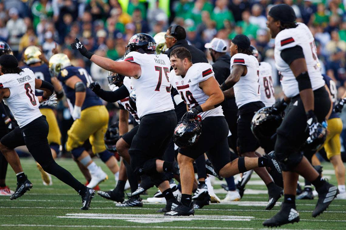 Northern Illinois celebrates after winning a NCAA college football game 16-14 against Notre Dame at Notre Dame Stadium on Saturday, Sept. 7, 2024, in South Bend.