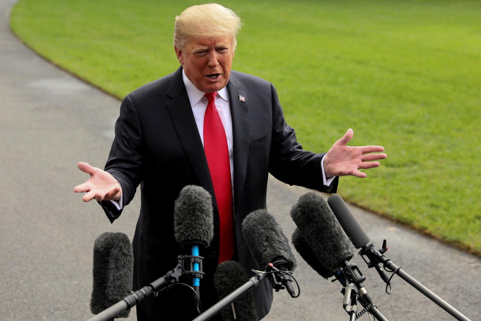 President Donald Trump,&nbsp;in comments&nbsp;to reporters outside the&nbsp;White House&nbsp;on Monday, dismissed the sexual misconduct allegations against Brett Kavanaugh as "a hoax." (Photo: Jonathan Ernst / Reuters)