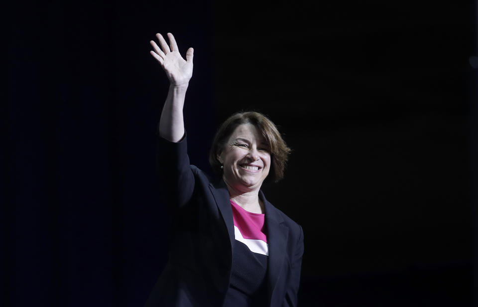 Democratic presidential candidate Sen. Amy Klobuchar, D-Minn., waves before speaking during the 2019 California Democratic Party State Organizing Convention in San Francisco, Saturday, June 1, 2019. (AP Photo/Jeff Chiu)