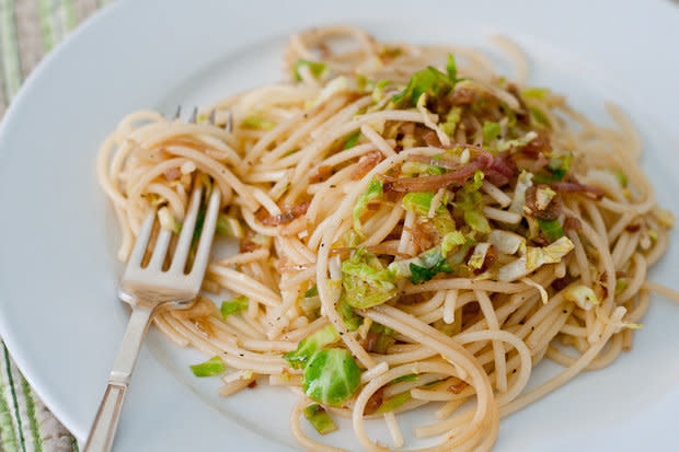 <strong>Get the <a href="http://cafejohnsonia.com/2012/03/spaghetti-with-brussels-sprouts-and-caramelized-balsamic-and-honey-shallots.html" target="_blank">Spaghetti with Brussels Sprouts and Caramelized Balsamic and Honey Shallots recipe</a> from Cafe Johnsonia</strong>