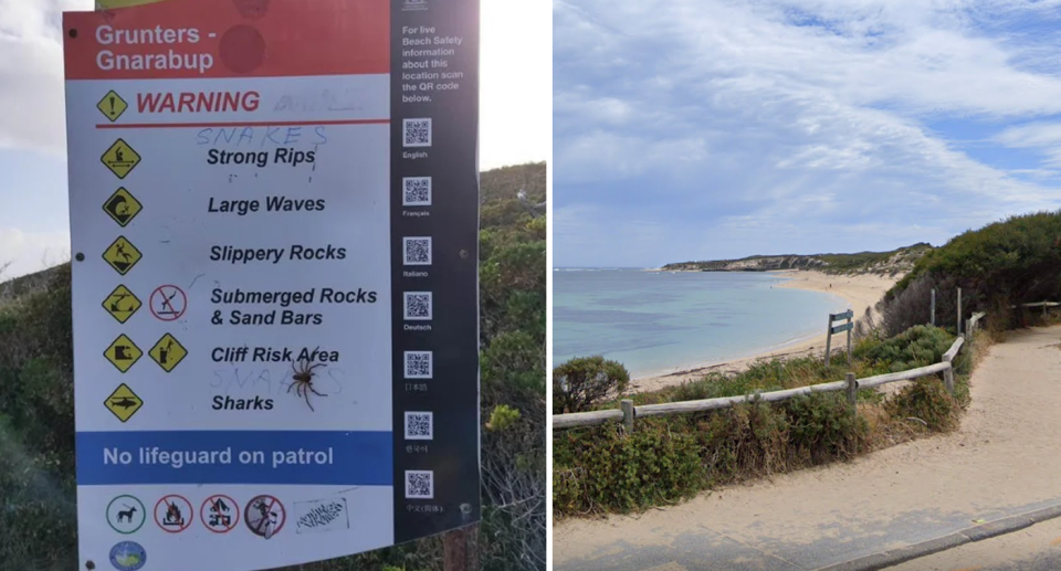 The most 'quintessentially Aussie' sign includes warnings such as 'strong rips' and 'sharks' (left). The sign was spotted at Gnarabup Beach in WA.