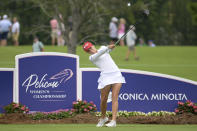 Gaby Lopez, of Mexico, tees off on the fourth hole during the final round of the LPGA Pelican Women's Championship golf tournament at Pelican Golf Club, Sunday, Nov. 13, 2022, in Belleair, Fla. (AP Photo/Phelan M. Ebenhack)