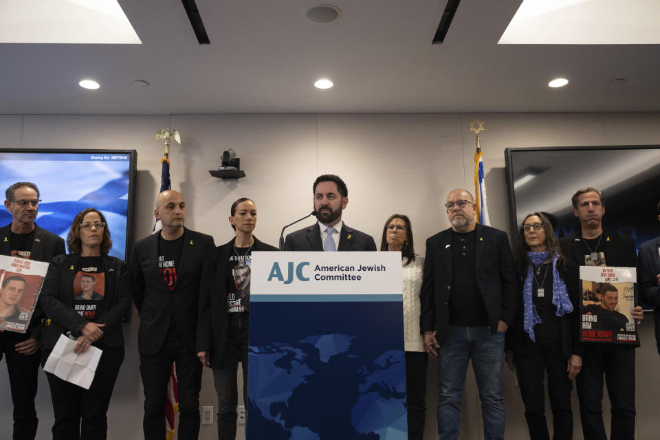 Congressman Mike Lawler speaks during a press conference by families of American hostages in Gaza and elected officials, Friday, April. 5, 2024, in New York. (AP Photo/Yuki Iwamura)