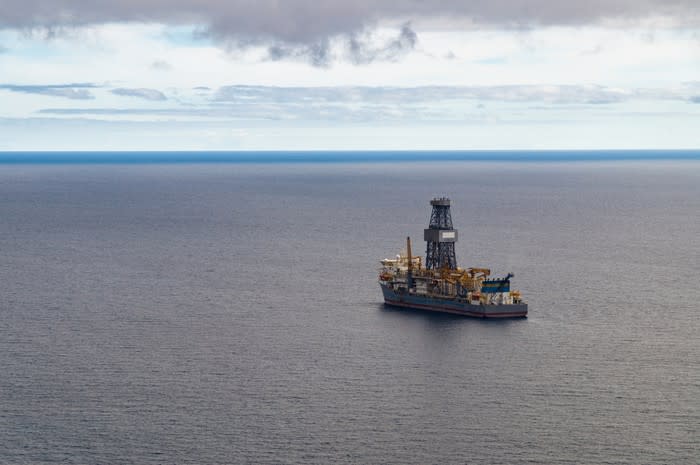 A drillship on the open ocean.