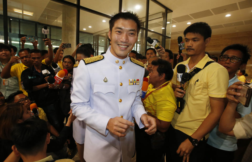 Thailand's Future Forward Party leader Thanathorn Juangroongruangkit arrives at the parliament in Bangkok, Thailand, Friday, May 24, 2019. Thailand’s King Maha Vajiralongkorn plans to officially open parliament following the first democratic election since a coup five years ago. (AP Photo/Sakchai Lalit)