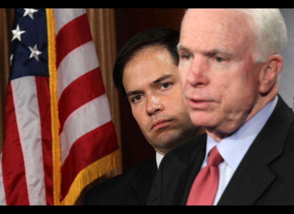 WASHINGTON - MAY 11:  U.S.  U.S. Sen. Marco Rubio (R-FL) (L) listens to Sen. John McCain (R-AZ) (R) speak during a news conference about the crisis in Syria May 11, 2011 on Capitol Hill in Washington, DC. Lieberman and Rubio will introduce a resolution to calling on the U.S. government to have a tougher stance in the crisis in Syria.  (Photo by Alex Wong/Getty Images)