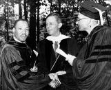 <p>U.S. Sen. Joseph Clark (D-Pa.), center, laughs along with Dr. Martin Luther King, left, leader against segregation, at Lincoln University commencement exercises, June 7, 1961, Oxford, Pa. At right is acting President Donald Yelton. (AP Photo/Sam Myers) </p>