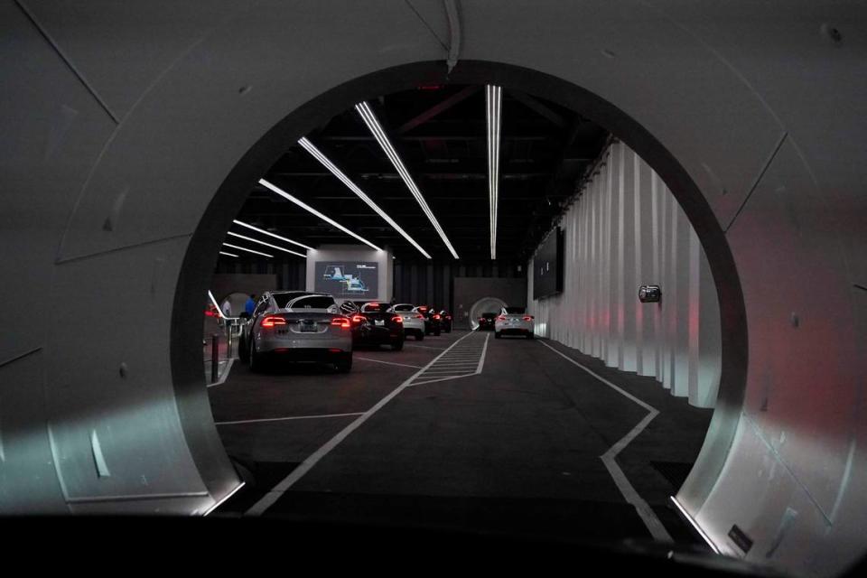 Teslas park in the Las Vegas Convention Center Loop, an underground tunnel developed by Elon Musk’s The Boring Company, Tuesday, June 8, 2021, in Las Vegas. The system’s twin tunnels beneath the Convention Center began providing rides for conventioneers in a fleet of Teslas.