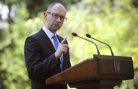 Ukraine's Prime Minister Arseny Yatseniuk speaks to the media in Kiev July 31, 2014. REUTERS/Andrew Kravchenko/Pool