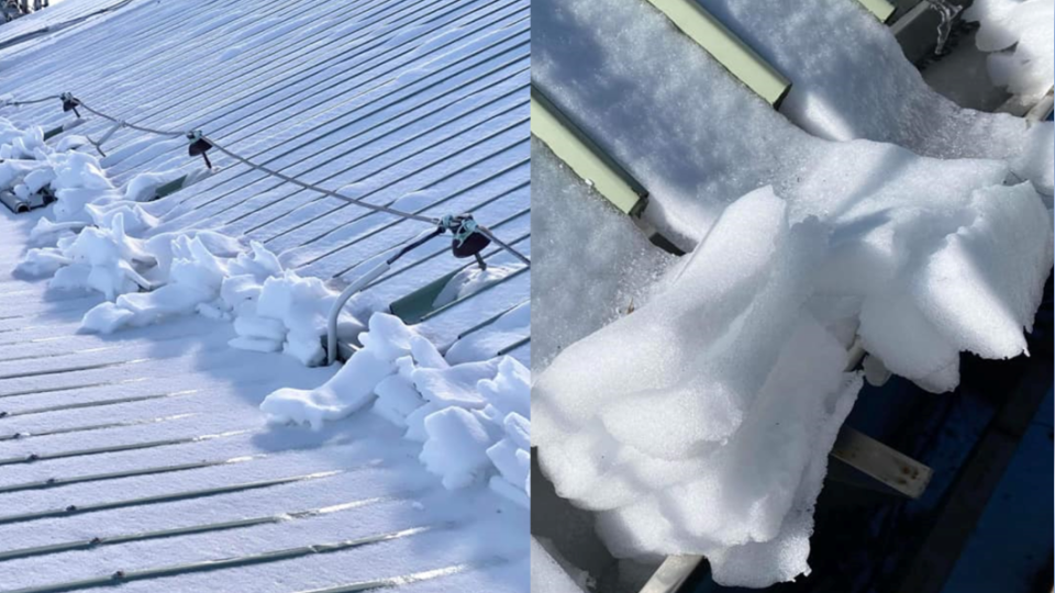 積雪順著凹槽滑落，一條條攤在屋頂上。（圖／翻攝自鄭明典臉書）