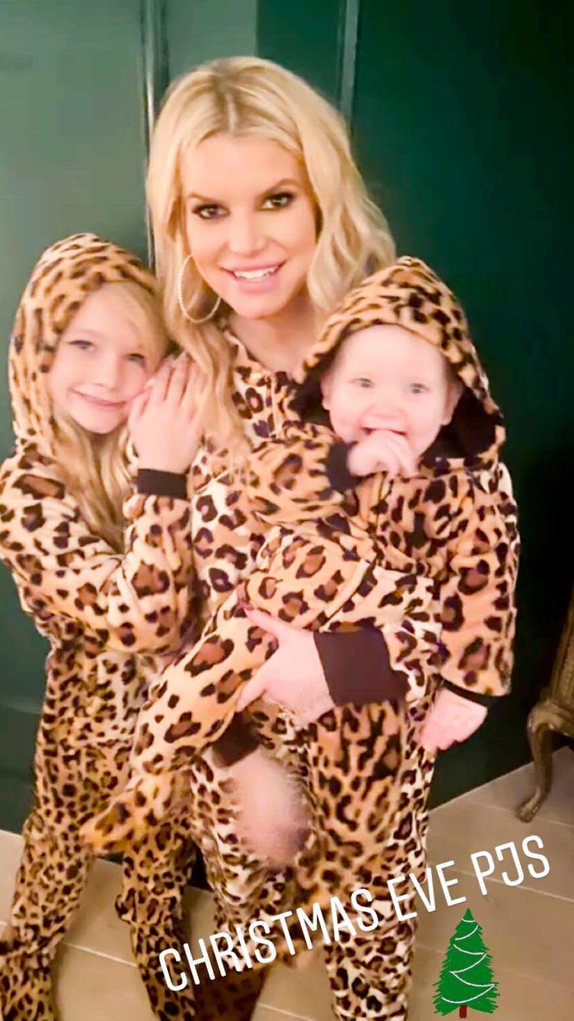 Big sis Maxi Drew, Simpson and Birdie matched in leopard pajamas on Christmas Eve as they waited for Santa to arrive.