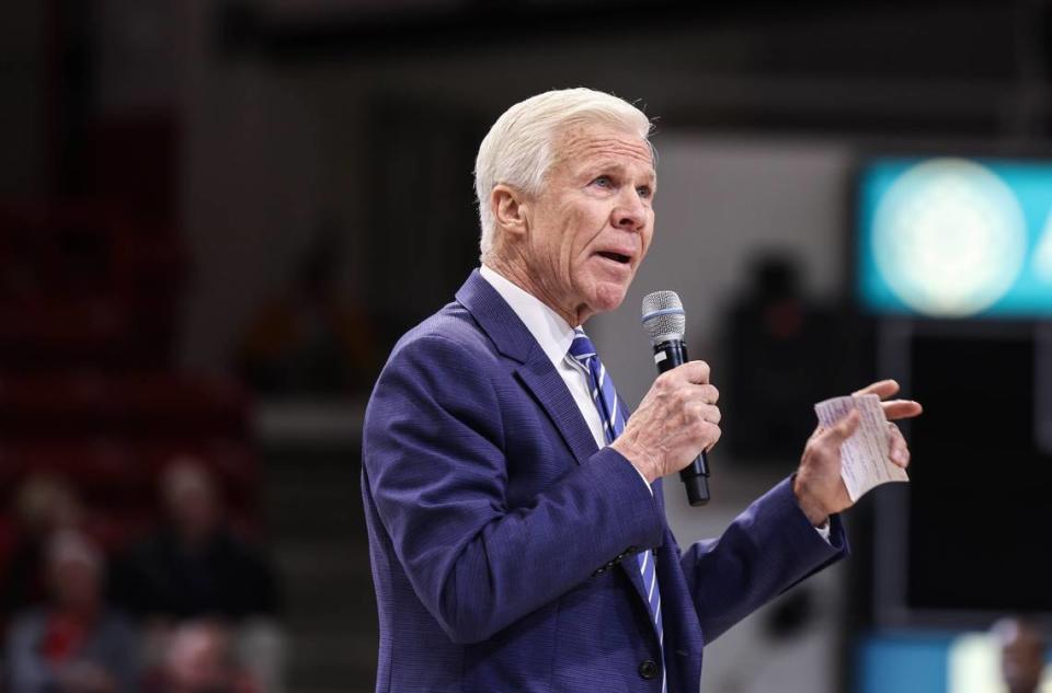 Former Davidson coach Bob McKillop speaks during his retirement ceremony at the John M. Belk Arena in Davidson, N.C., on Saturday, February 11, 2023.