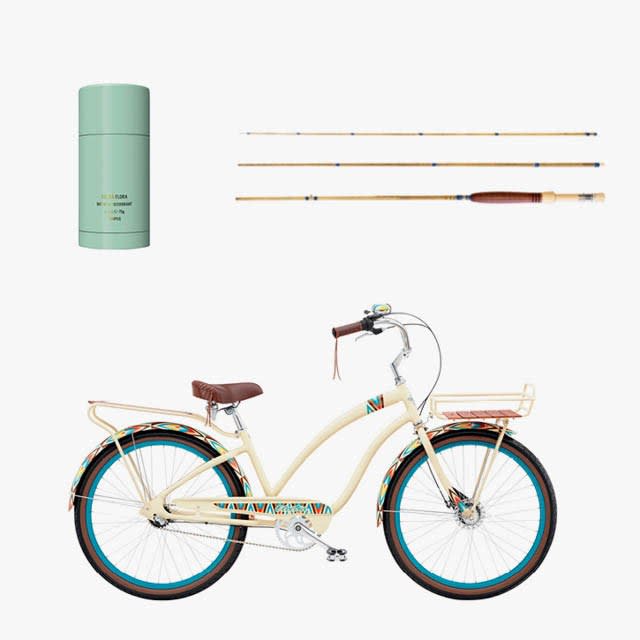 Hermès fishing rod, price upon request, for information: hermes.com; Electra tapestry 3i cruiser bike, $1020, electrabike.com; Corpus Natural cedar flora deodorant, $22, shen-beauty.com