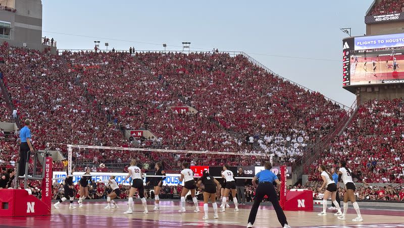 Nebraska and Omaha play a college volleyball match Wednesday, Aug. 30, 2023, at Memorial Stadium in Lincoln, Neb.