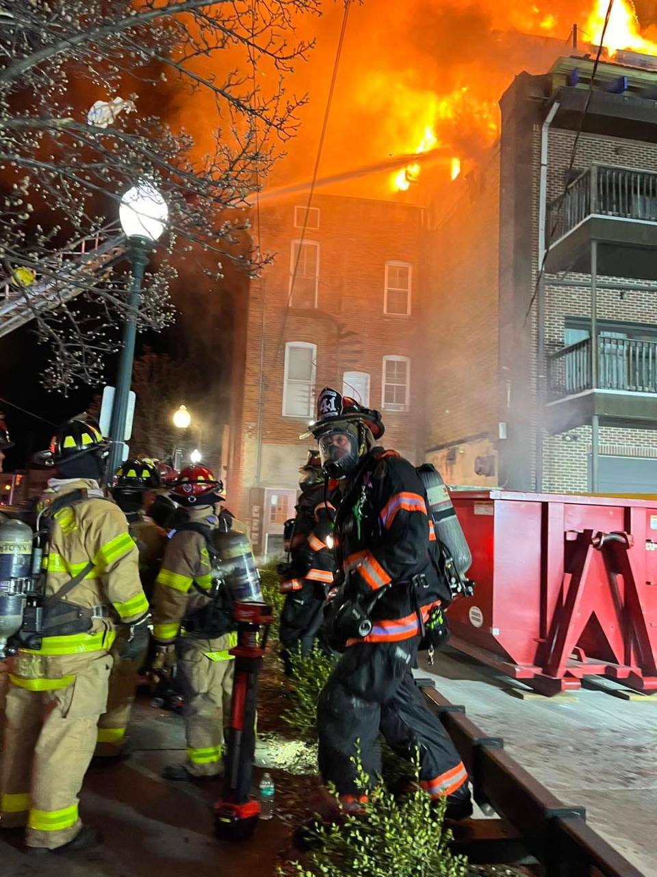 Three local fire departments battled the fire at 49 S. Monroe St. in downtown Monroe for more than five hours Sunday morning.