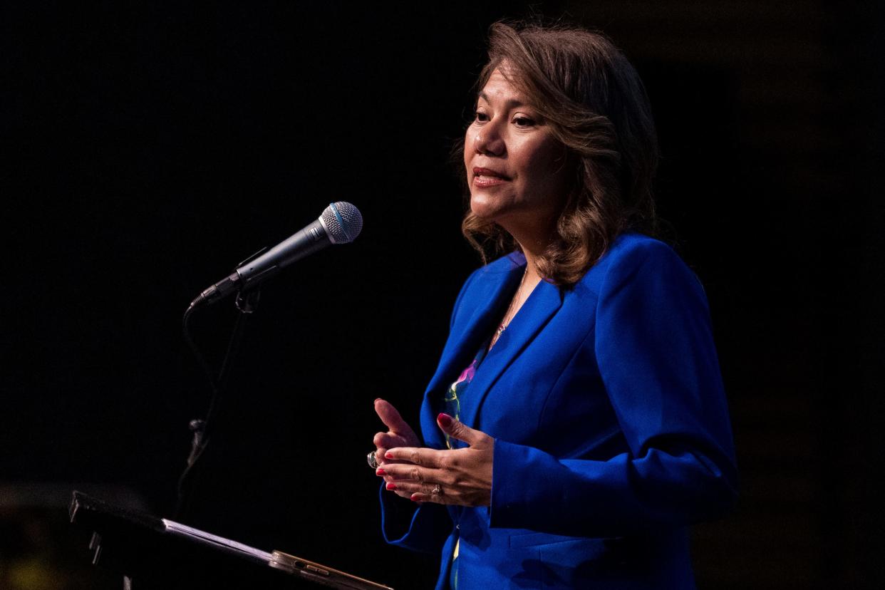 U.S. Rep. Veronica Escobar, D-El Paso, speaks at the Castner Range National Monument celebration at the Andress High School Performing Arts Center on Friday, March 31, 2023.