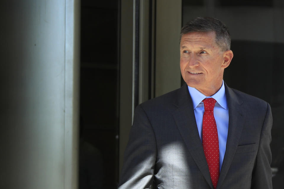 FILE - In this July 10, 2018, file photo, former Trump national security adviser Michael Flynn leaves the federal courthouse in Washington, following a status hearing. Prosecutors won't call Flynn to testify at the upcoming trial of his former business partner. Court documents unsealed Tuesday, July 9, 2019, in federal court in Alexandria, Va., show prosecutors changed their mind about putting Flynn on the stand at next week's trial of Bijan Kian. (AP Photo/Manuel Balce Ceneta, File)