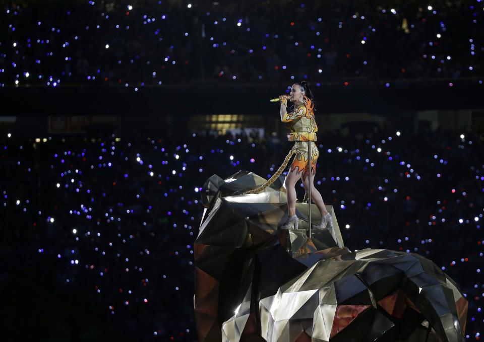 Katy Perry performs during halftime of NFL Super Bowl XLIX football game between the Seattle Seahawks and the New England Patriots Sunday, Feb. 1, 2015, in Glendale, Ariz. (AP Photo/Elise Amendola)