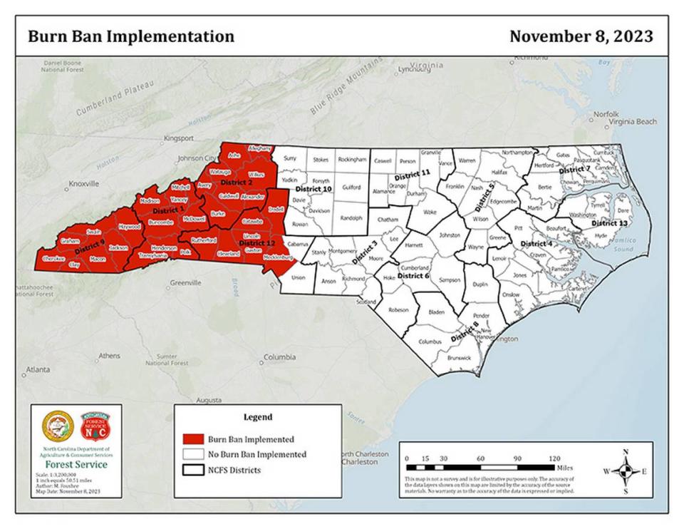 Burning restrictions and bans in place in Western North Carolina affect the Pisgah and Nantahala National Forests along with 13 N.C. State Park campgrounds. Dry conditions and warm temperatures have contributed to wildfires. N.C. Division of Parks and Recreation