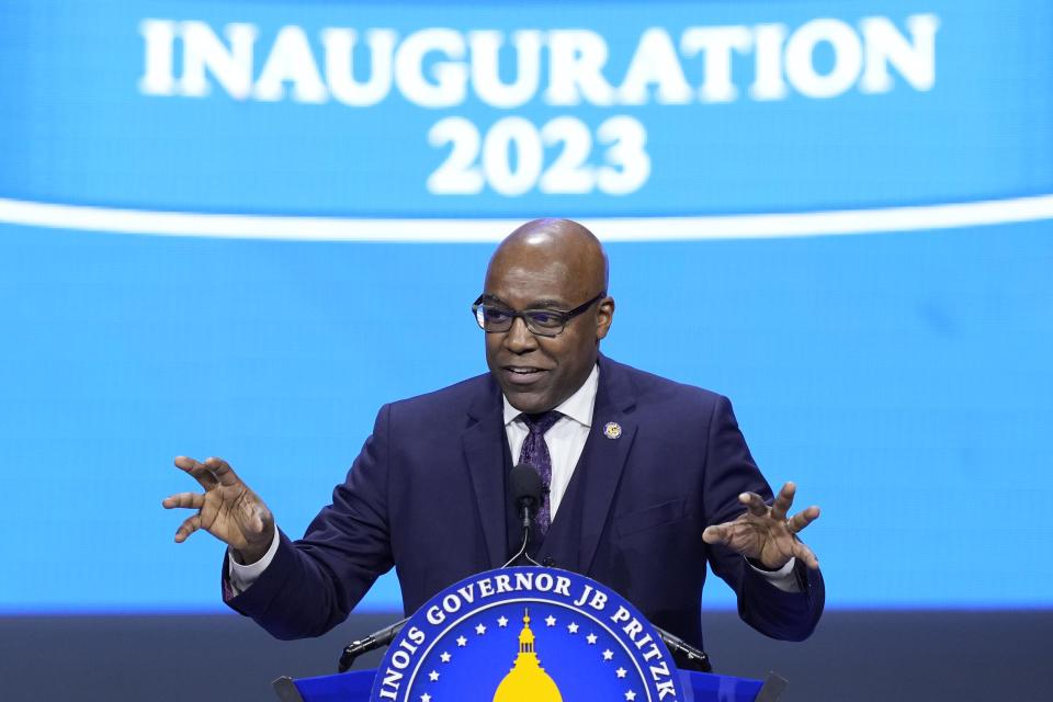 Illinois Attorney General Kwame Raoul delivers his remarks after being sworn to his second term as attorney general during ceremonies Monday, Jan. 9, 2023, in Springfield, Ill. (AP Photo/Charles Rex Arbogast)