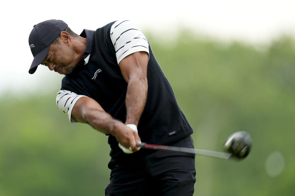 Tiger Woods hits his tee shot on the fifth hole during a practice round for the PGA Championship golf tournament at the Valhalla Golf Club, Tuesday, May 14, 2024, in Louisville, Ky. (AP Photo/Jeff Roberson)