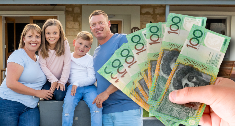 Family posing for the camera with wad of $100 notes in front of them