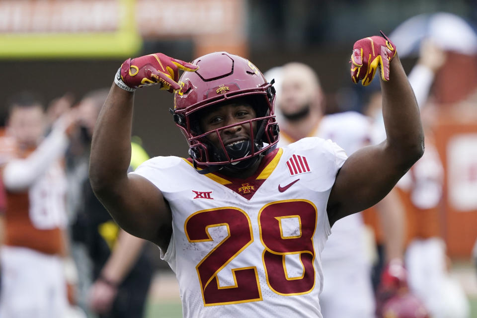 Iowa State running back Breece Hall (28) celebrates the team's win over Texas in an NCAA college football game, Friday, Nov. 27, 2020, in Austin, Texas. (AP Photo/Eric Gay)