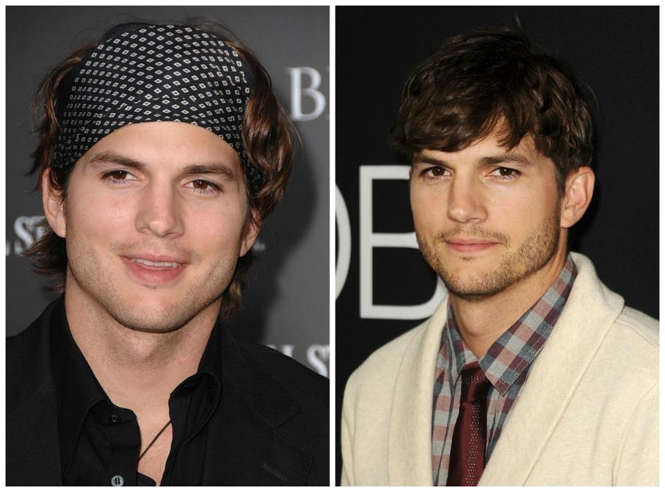 <p>Lors de la prise de la première photo, Ashton Kutcher sortait avec Demi Moore et pensait que les bandanas étaient cool. Aujourd'hui, il est le père comblé de deux enfants qu'il a eu avec sa femme Mila Kunis. (Photo : Getty) </p>