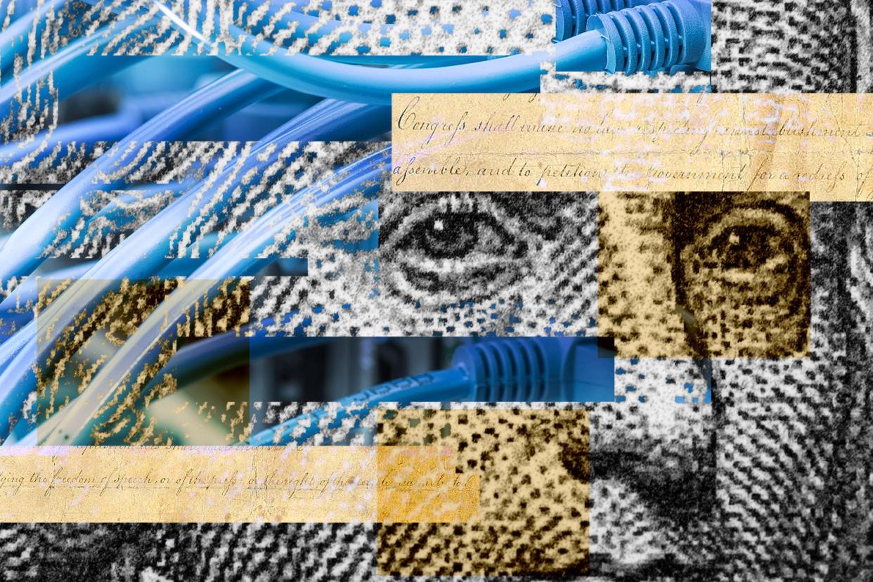 A collage of a close-up of James Madison's face surrounded by ethernet cables and old yellowed text of the First Amendment.