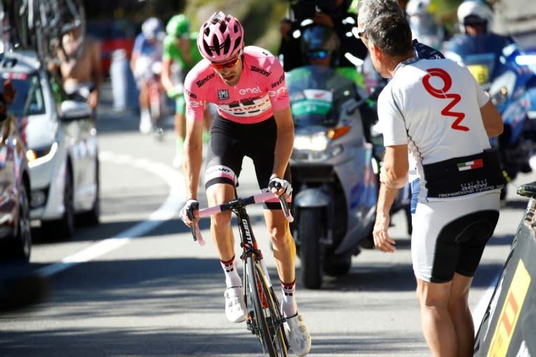 Pink jersey Netherlands' Tom Dumoulin of team Sunweb rides in the last kilometers of the 18th stage of the 100th Giro d'Italia, Tour of Italy, cycling race from Moena to Ortisei on May 25, 2017