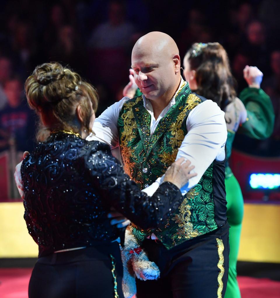 Nik Wallenda gives his mom, Delilah Wallenda, a hug after their performance on the high wire Thursday night, Dec. 28, 2023, at the Circus Arts Conservatory "A Brave New Wonderland" show at University Town Center in Sarasota.