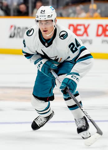 <p>John Russell/NHLI via Getty Images</p> Jacob Peterson #24 of the San Jose Sharks skates against the Nashville Predators