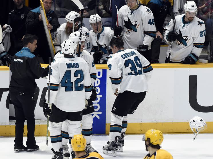 San Jose Sharks center Logan Couture (39) skates off the ice after being injured during second period of an NHL hockey game against the Nashville Predators Saturday, March 25, 2017, in Nashville, Tenn. (AP Photo/Mark Zaleski)