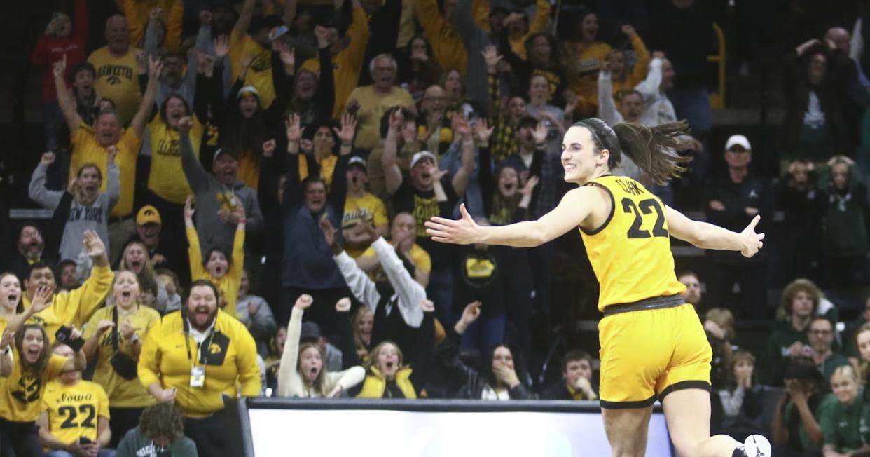 University of Iowa guard Caitlin Clark celebrates after making the game-winning shot against Michigan State on Jan. 2, 2024. <a href="https://www.gettyimages.com/detail/news-photo/iowaguard-caitlin-clark-of-the-iowa-hawkeyes-celebrates-news-photo/1895743985?adppopup=true" rel="nofollow noopener" target="_blank" data-ylk="slk:Matthew Holst/Getty Images;elm:context_link;itc:0;sec:content-canvas" class="link ">Matthew Holst/Getty Images</a>