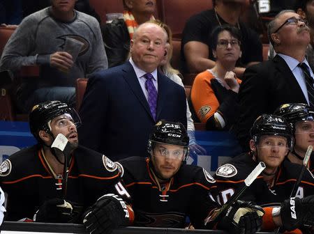 Apr 1, 2016; Anaheim, CA, USA; Anaheim Ducks coach Bruce Boudreau reacts in the first period against the Vancouver Canucks during an NHL game at the Honda Center. Kirby Lee-USA TODAY Sports