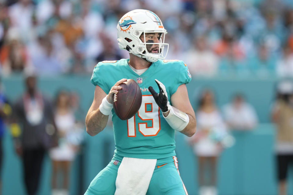 Miami Dolphins quarterback Skylar Thompson (19) aims a pass during the first half of an NFL football game against the New York Jets, Sunday, Jan. 8, 2023, in Miami Gardens, Fla. (AP Photo/Lynne Sladky)