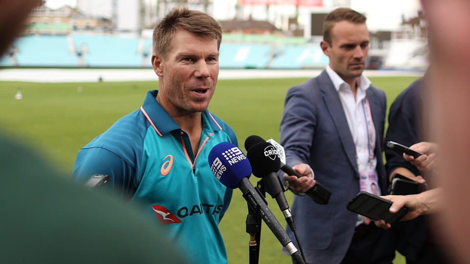 David Warner speaks at a press conference.