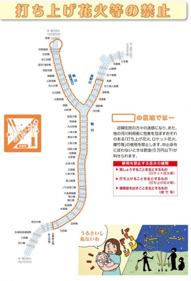 京都市政府的官網有列明鴨川可以玩煙花的區域，違者會被罰款。