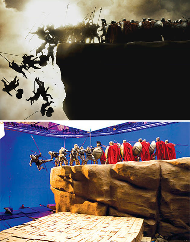 <b>300</b><br> To achieve the shot-for-shot adaptation of Frank Miller’s Spartan comic, director Zack Snyder photocopied the graphic novel and built the set and each shot around it. The iconic cliff-top fight involved filming a few actors falling, and then replicating them in post-production for an army of tumbling warriors.