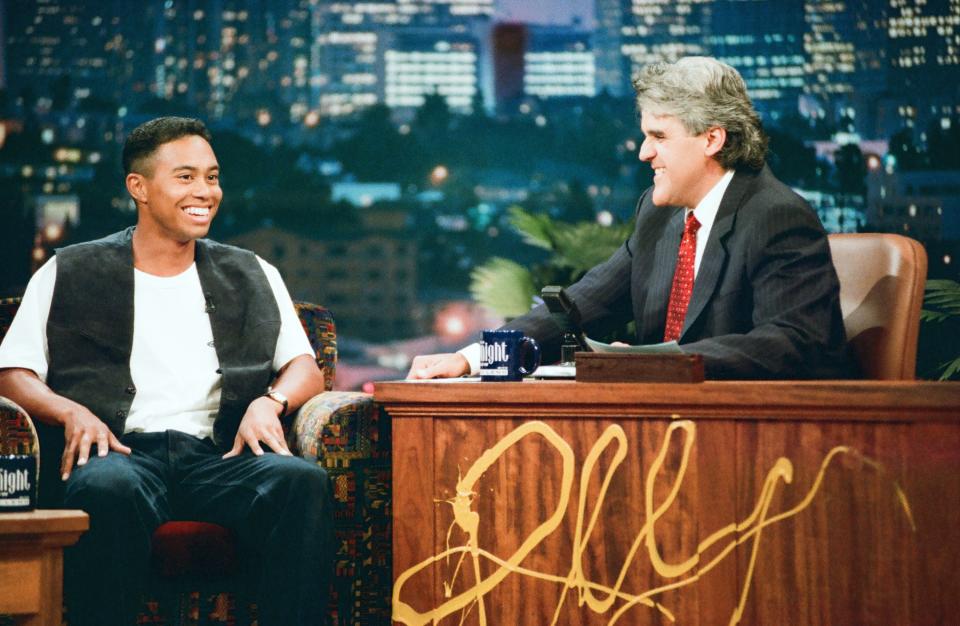 THE TONIGHT SHOW WITH JAY LENO -- Episode 951 -- Pictured: (l-r) Professional golfer Tiger Woods during an interview with host Jay Leno on June 25, 1996 -- (Photo by: Margaret C. Norton/NBC/NBCU Photo Bank via Getty Images)