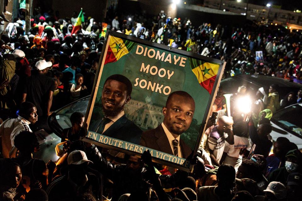 A campaign picture showing Bassirou Diomaye Faye and Ousmane Sonko, by John Wessels/AFP via Getty Images