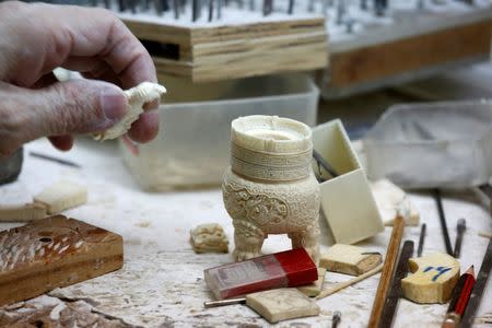 A half-finished ivory product from government registered ivory tusk is seen inside a factory in Hong Kong, China June 27, 2016. REUTERS/Bobby Yip